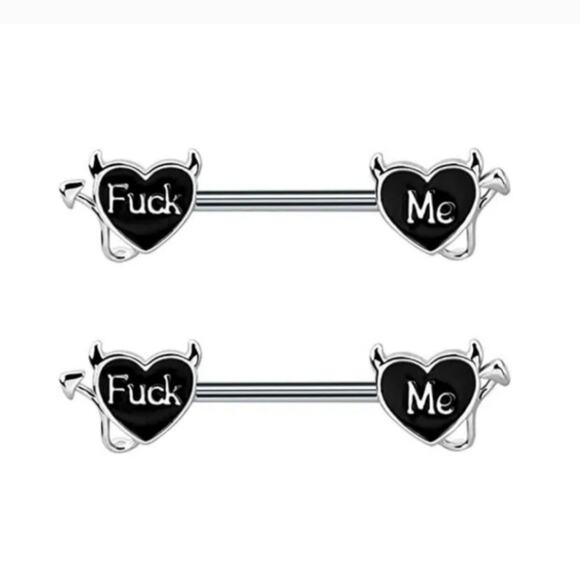 F*ck Me naughty barbell nipple rings pair 14g stainless steel black silver heart - Picture 1 of 4